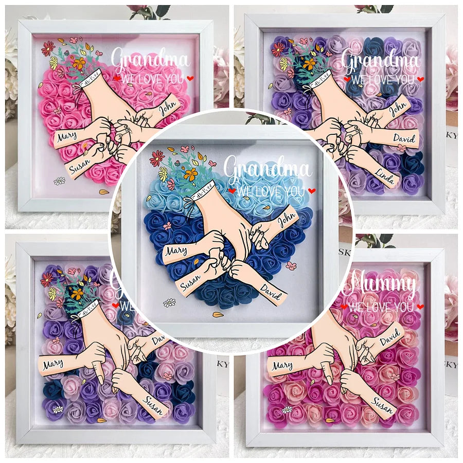 We Love You Mommy Hand Holding - Personalized Flower Shadow Box - Mother's Day
