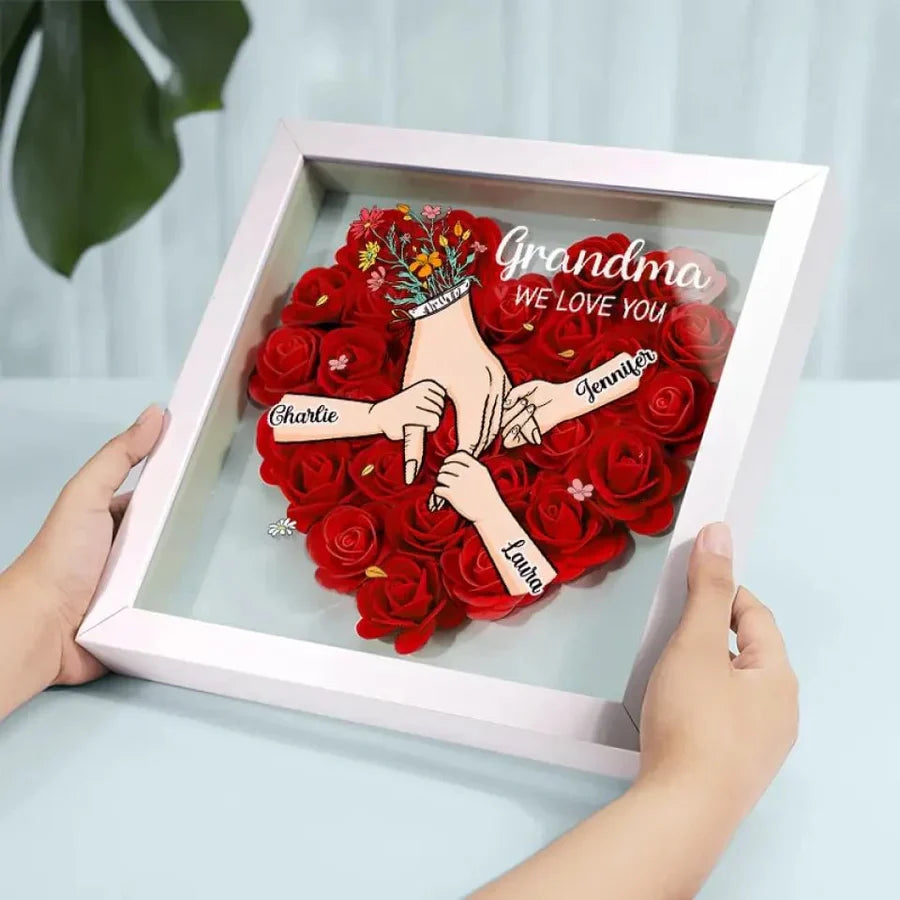 We Love You Mommy Hand Holding Personalized Flower Shadow Box - Gift from Mom & Grandma